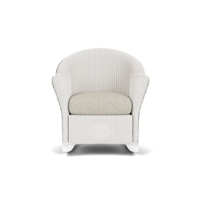 lloyd flanders reflections porch rocker in white finish with knotty mineral fabric grade c
