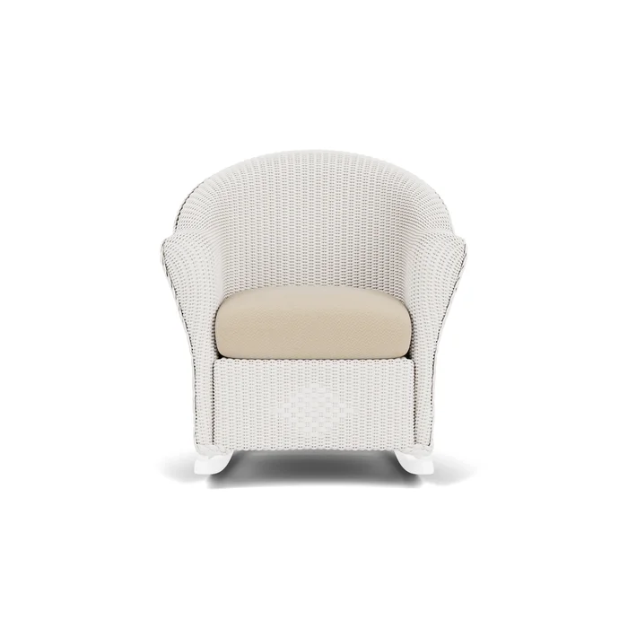 lloyd flanders reflections porch rocker in white finish with raindrop almond fabric grade b