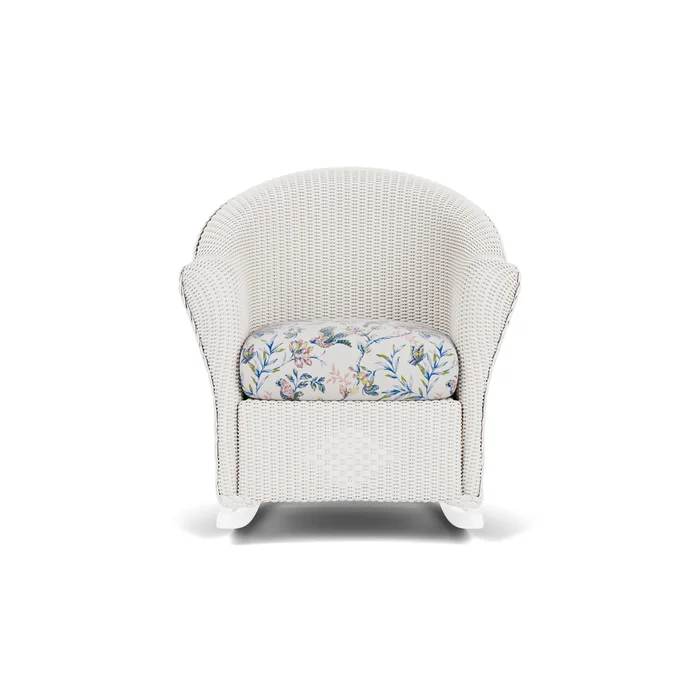 lloyd flanders reflections porch rocker in white finish with whimsical bird song fabric grade d