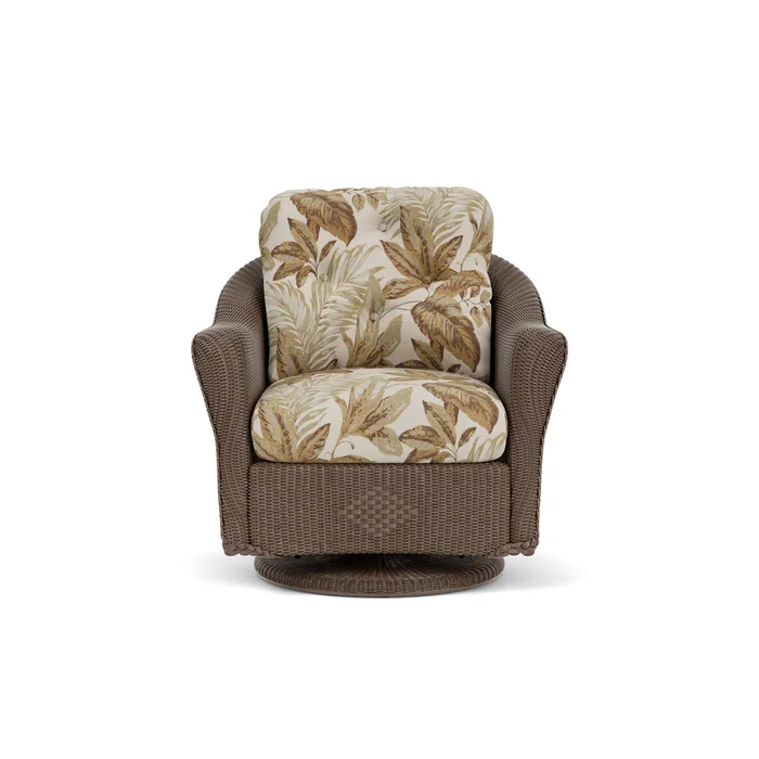 lloyd flanders reflections swivel glider lounge chair in bark finish with botanic willow fabric grade d