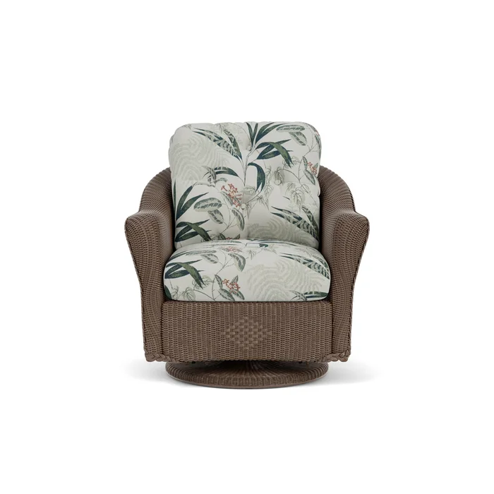 lloyd flanders reflections swivel glider lounge chair in bark finish with delicate botanical sage fabric grade d