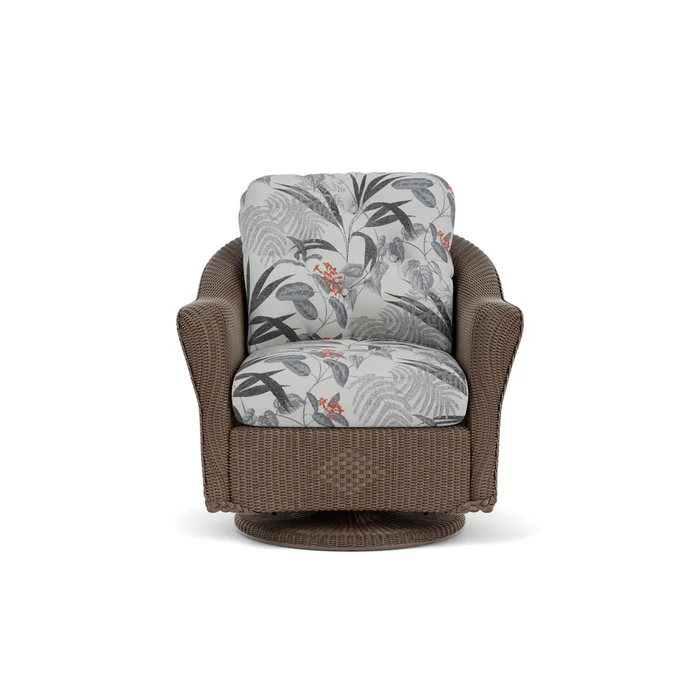 lloyd flanders reflections swivel glider lounge chair in bark finish with delicate botanical slate fabric grade d