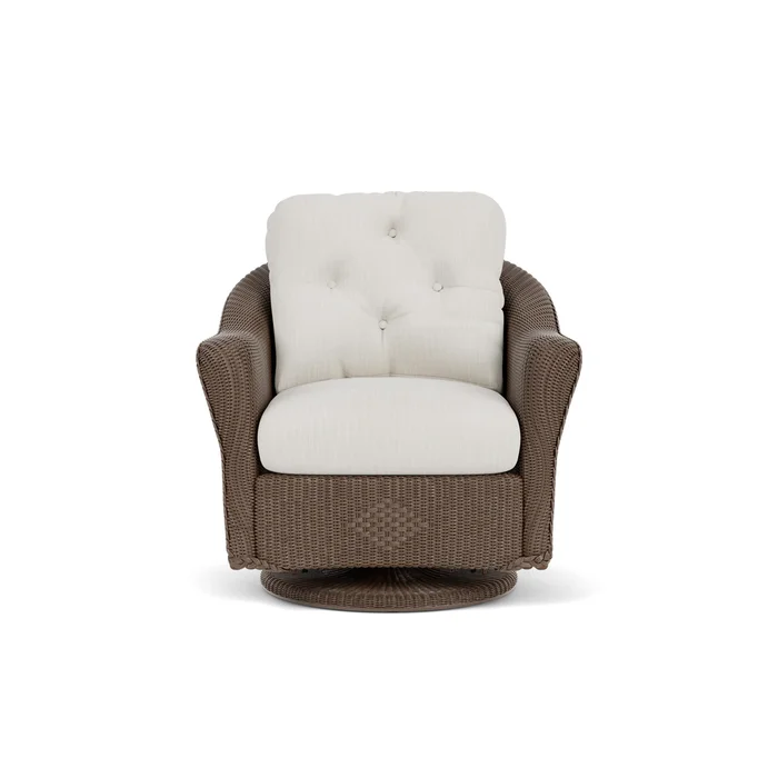 lloyd flanders reflections swivel glider lounge chair in bark finish with rollo linen fabric grade b