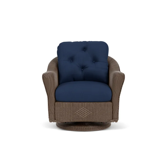 lloyd flanders reflections swivel glider lounge chair in bark finish with sandberg navy fabric grade b
