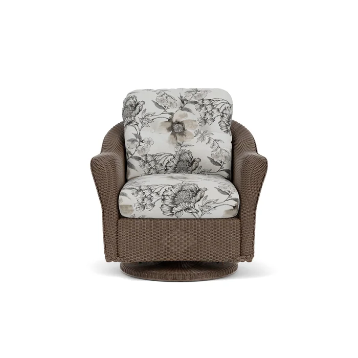 lloyd flanders reflections swivel glider lounge chair in bark finish with serena floral dove fabric grade d
