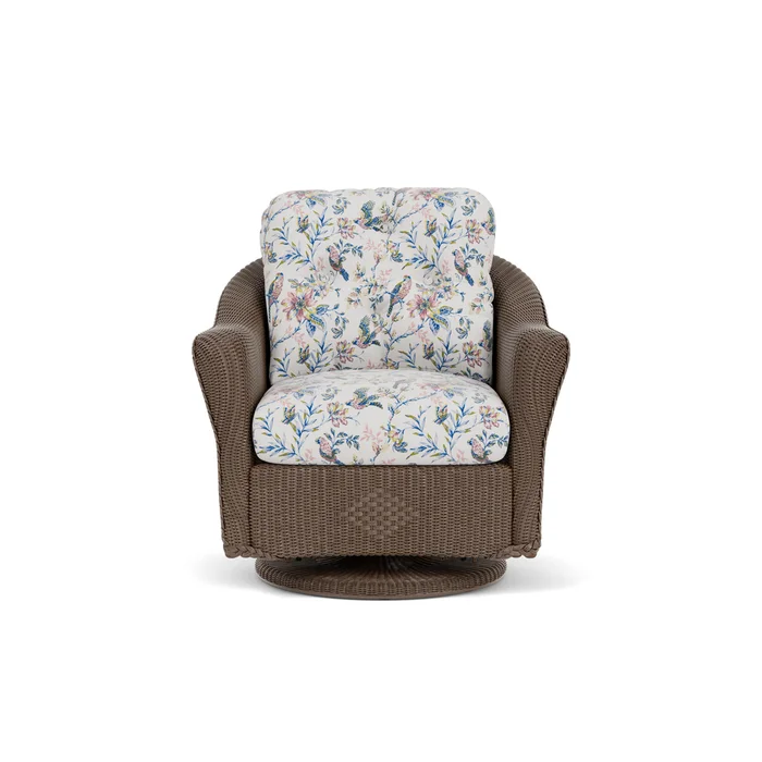 lloyd flanders reflections swivel glider lounge chair in bark finish with whimsical bird song fabric grade d