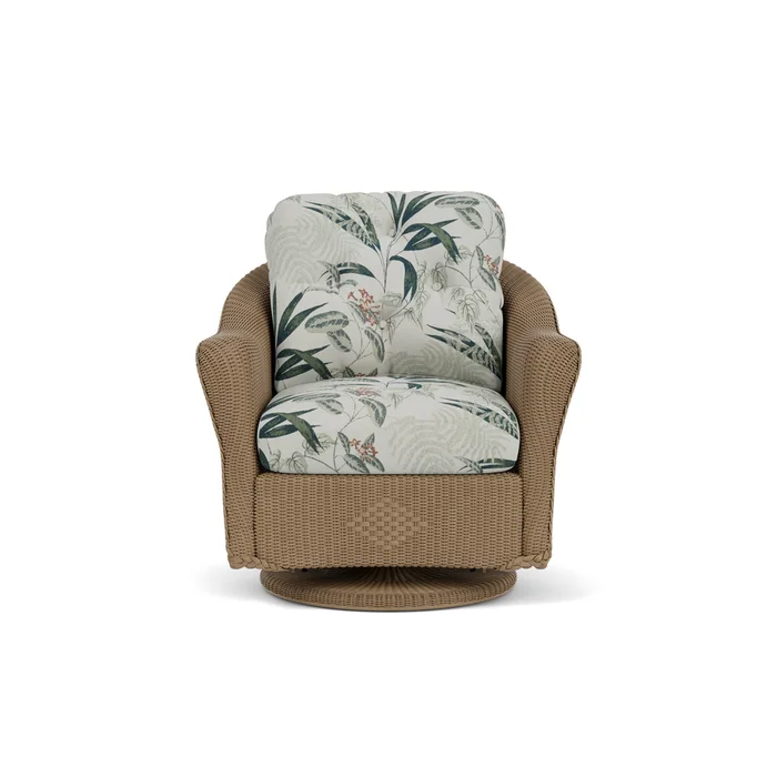 lloyd flanders reflections swivel glider lounge chair in fawn finish with delicate botanical sage fabric grade d