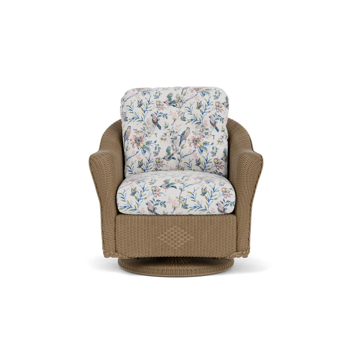 lloyd flanders reflections swivel glider lounge chair in fawn finish with whimsical bird song fabric grade d
