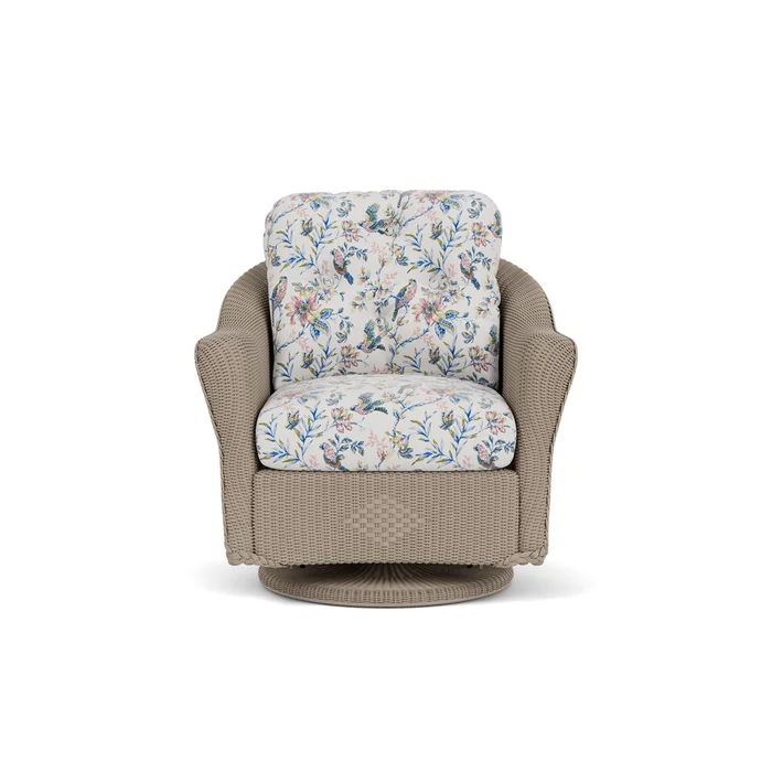 lloyd flanders reflections swivel glider lounge chair in french beige finish with whimsical bird song fabric grade d