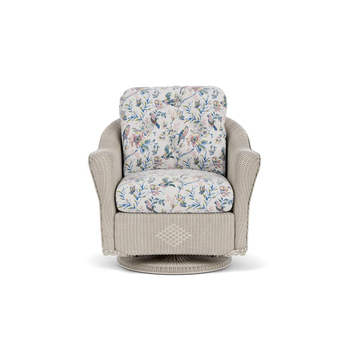 lloyd flanders reflections swivel glider lounge chair in linen finish with whimsical bird song fabric grade d