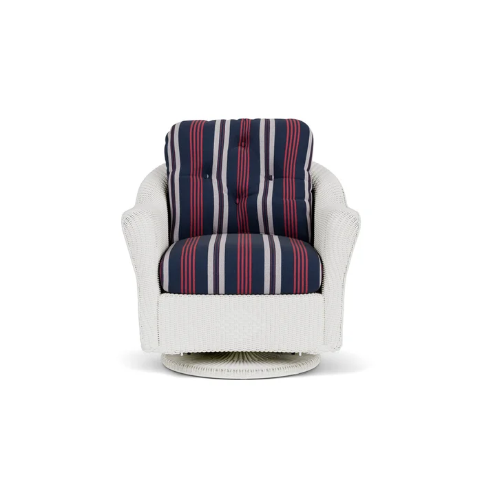 lloyd flanders reflections swivel glider lounge chair in matte white finish with berkely hall navy fabric grade b