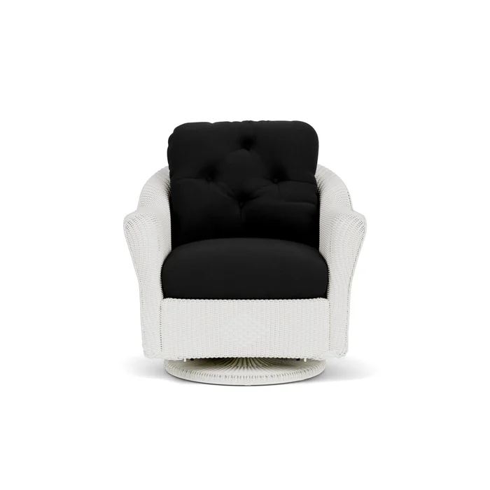 lloyd flanders reflections swivel glider lounge chair in matte white finish with canvas black fabric grade a