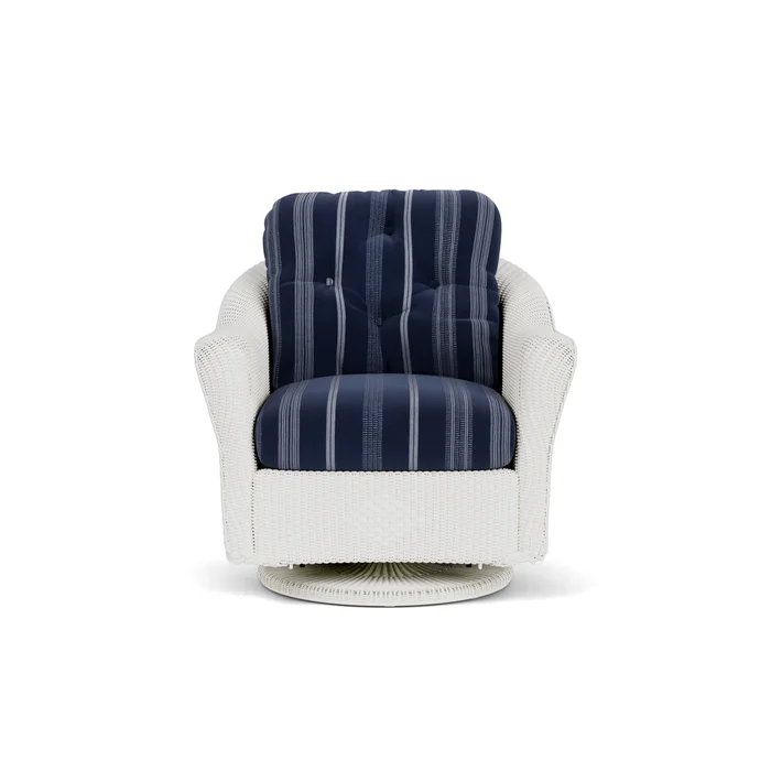lloyd flanders reflections swivel glider lounge chair in matte white finish with consider indigo fabric grade c