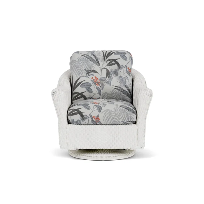 lloyd flanders reflections swivel glider lounge chair in matte white finish with delicate botanical slate fabric grade d