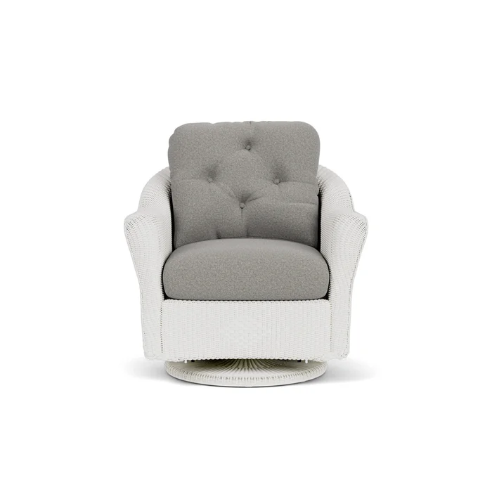 lloyd flanders reflections swivel glider lounge chair in matte white finish with rumba nickel fabric grade a