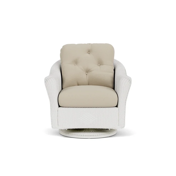 lloyd flanders reflections swivel glider lounge chair in matte white finish with rumba straw fabric grade a