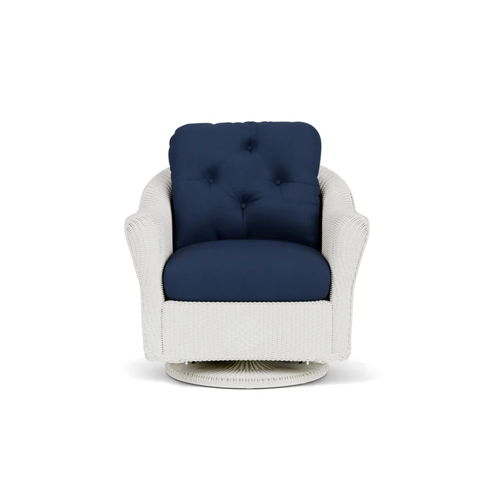 lloyd flanders reflections swivel glider lounge chair in matte white finish with sandberg navy fabric grade b