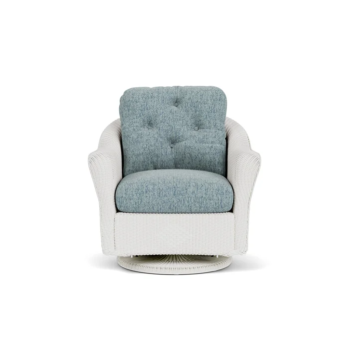 lloyd flanders reflections swivel glider lounge chair in matte white finish with serene ocean fabric grade b