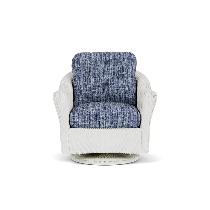 lloyd flanders reflections swivel glider lounge chair in matte white finish with visions cobalt fabric grade c
