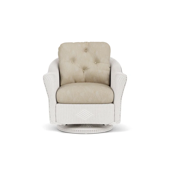 lloyd flanders reflections swivel glider lounge chair in white finish with laurel ecru fabric grade c