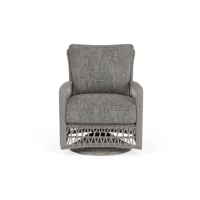 mackinac swivel glider lounge chair in putty finish with black sand fabric grade b