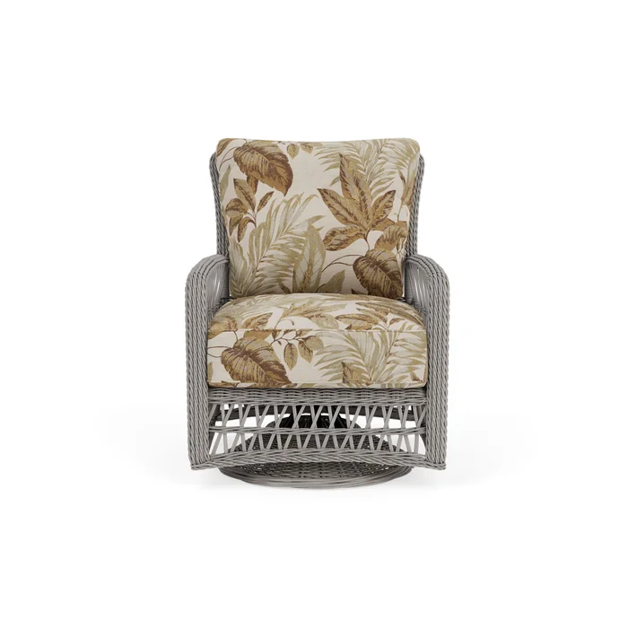 mackinac swivel glider lounge chair in putty finish with botanic willow fabric grade d