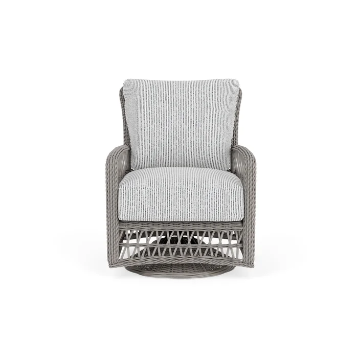 mackinac swivel glider lounge chair in putty finish with burson domino fabric grade b