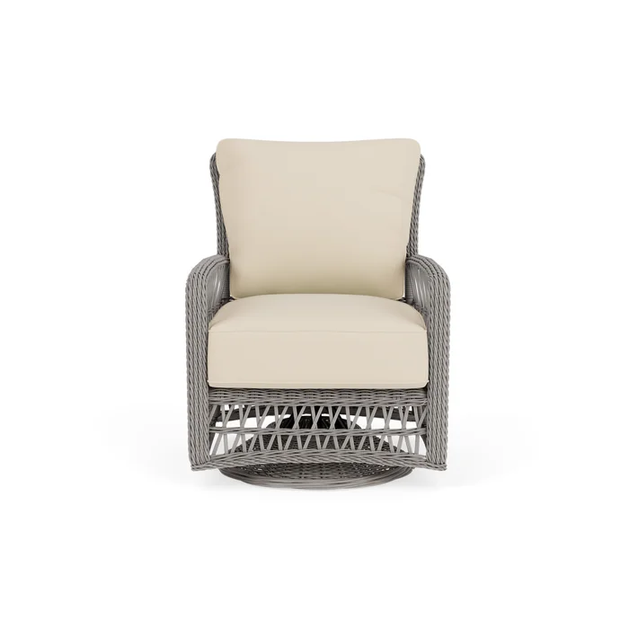 mackinac swivel glider lounge chair in putty finish with callen pearl fabric grade b