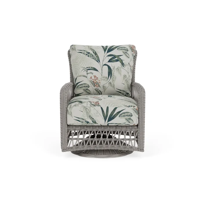 mackinac swivel glider lounge chair in putty finish with delicate botanical sage fabric grade d