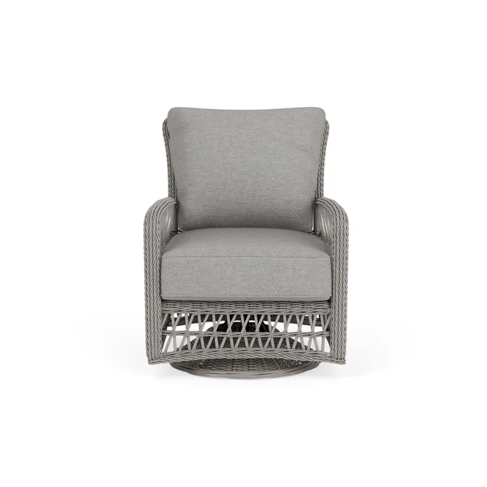 mackinac swivel glider lounge chair in putty finish with demo stone fabric grade b