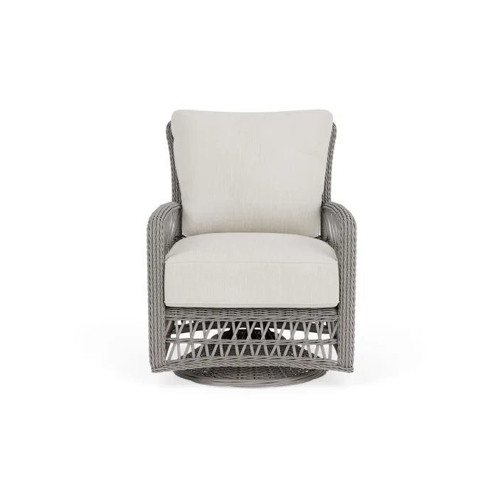 mackinac swivel glider lounge chair in putty finish with rollo linen fabric grade b