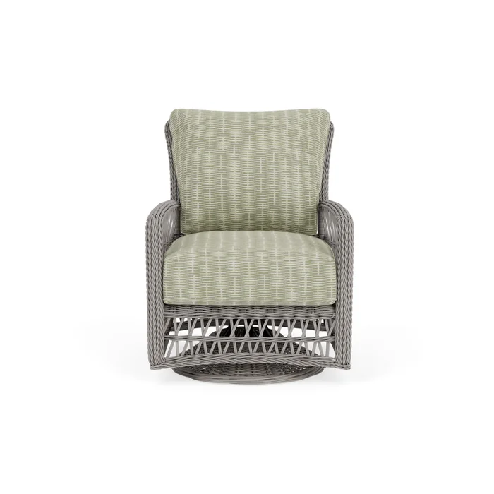 mackinac swivel glider lounge chair in putty finish with romulo laurel fabric grade c