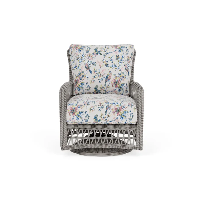 mackinac swivel glider lounge chair in putty finish with whimsical bird song fabric grade d