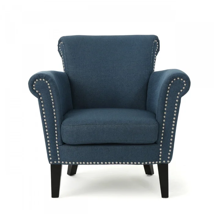 Mason Fabric Chair With Wood Legs And Nailhead Trim – Navy Blue | Chaise Mason En Tissu Avec Pieds En Bois Et Finition Cloute – Bleu Marine