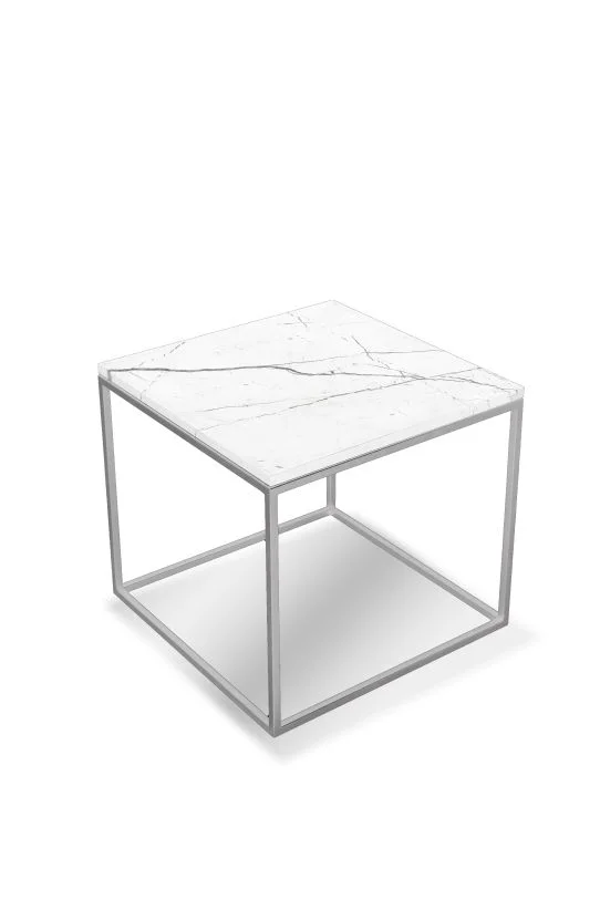 Mobital Onix Square End Table White Semi-Honed Marble Brushed Stainless Steel Base WEN-ONIX-WHBS-SQ2PC