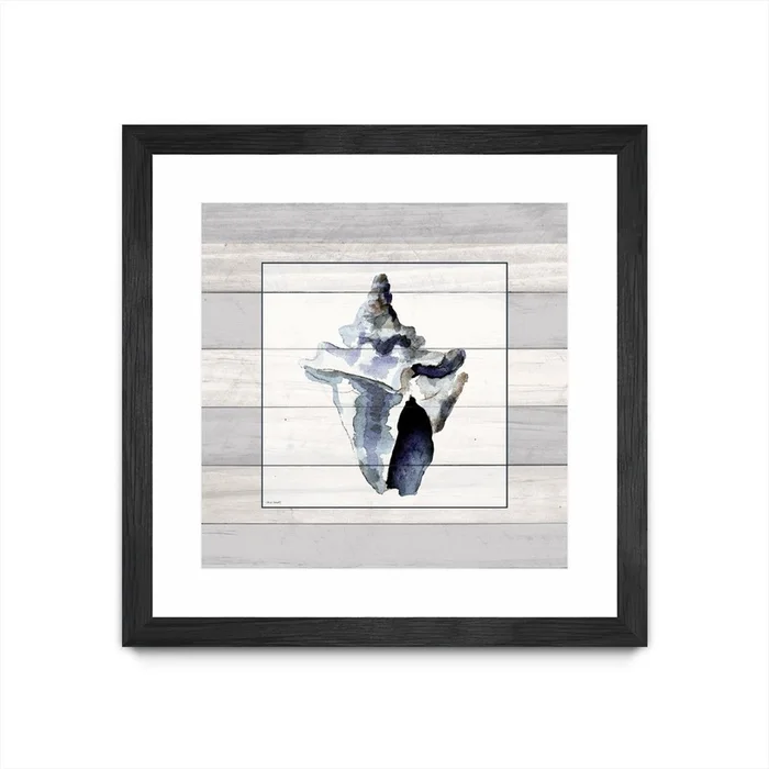 Muted Blue Sea Conch On Wood Matted and Framed Black 30×30 Wall Art|uvre dart murale encadre noire et mate Muted Blue Sea Conch On Wood 30×30