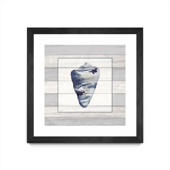 Muted Blue Shell On Wood Matted and Framed Black 36×36 Wall Art|uvre dart murale encadre noire et mate Muted Blue Shell On Wood 36×36