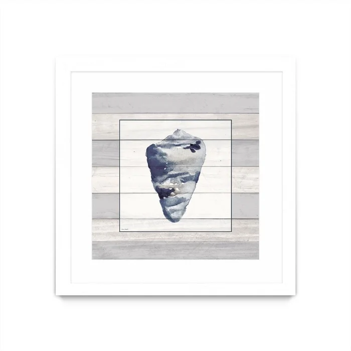 Muted Blue Shell On Wood Matted and Framed White 30×30 Wall Art|uvre dart murale encadre blanche et mate Muted Blue Shell On Wood 30×30