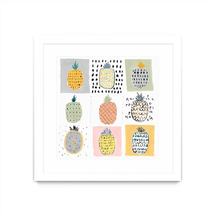 Nine Pineapples Matted and Framed White 36×36 Wall Art|uvre dart murale encadre blanche et mate Nine Pineapples 36×36