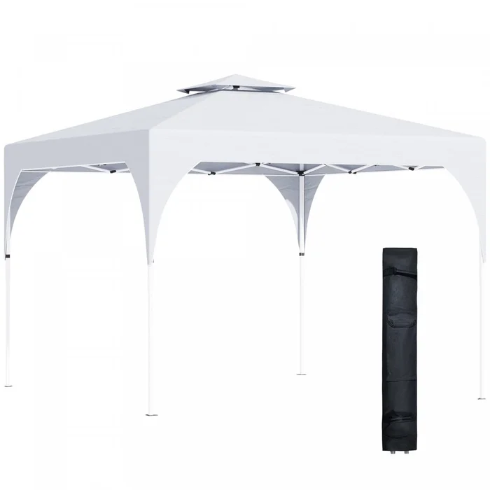 Outsunny 10’x10′ Pop Up Canopy With 2 Tier Vented Roof Carrying Bag White|Outsunny 10’x10′ Auvent Avec Sac De Transport Toit A 2 Niveaux, Blanc