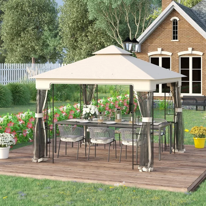 Outsunny 10’x10′ Soft-top Patio Gazebo Deck Canopy, Cream - Image 2