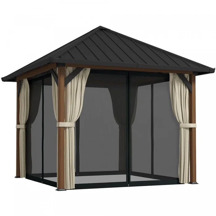 Outsunny 10′ X 10′ Hardtop Gazebo With Steel Roof, Netting And Curtains