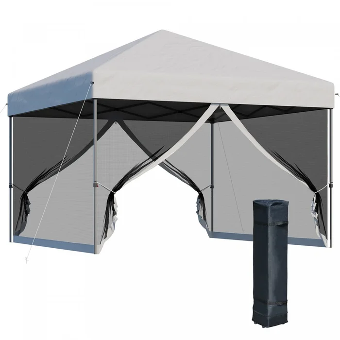 Outsunny 10′ X 10′ Pop-up Canopy Tent Outdoor Party Tent With Mesh Sidewalls, 3-level Adjustable Hei|Outsunny 10′ X 10′ Tente De Fete Exterieure Avec Parois Laterales En Maille, Hauteur Reglable Sur 3