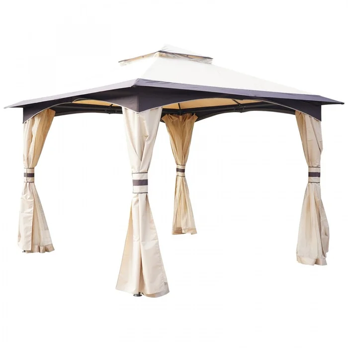 Outsunny 10′ X 10′ Soft Top Gazebo Canopy Tent W/ Double Roof, Eaves Design And Mesh Netting Sidewal|Outsunny 10′ X 10′ Gazebo Exterieur A Toit Souple Abri De Pavillon Gardem Cadre En Acier Avec Toit D