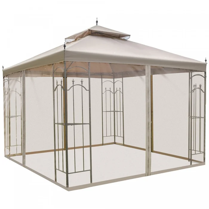 Outsunny 10′ X 10′ Steel Outdoor Patio Gazebo Canopy With Removable Mesh Curtains, Display Shelves, |Outsunny 10′ X 10′ Pavillon De Jardin Avec Rideaux En Maille Amovibles, Etageres De Presentation, Et