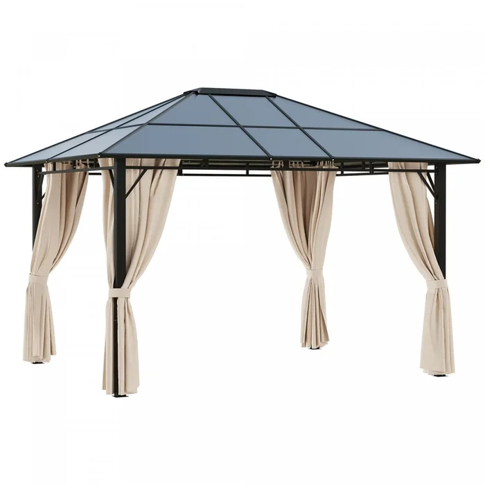 Outsunny 10′ X 12′ Outdoor Hardtop Gazebo With Polycarbonate Panel Roof, Garden Deluxe Pavilion Cano|Outsunny Pavillon De Jardin Tonnelle Rigide Dim. 12’l X 9.75’l X 8.75’h Rideaux Lateraux Anti-uv Bei
