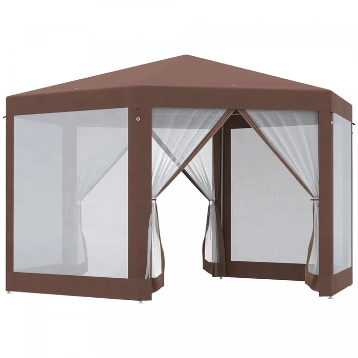 Outsunny 13′ X 11′ Hexagonal Party Tent With Nettings Brown|Tente De Reception Hexagonale Outsunny 13 Pi X 13 Pi Avec Filets, Brun