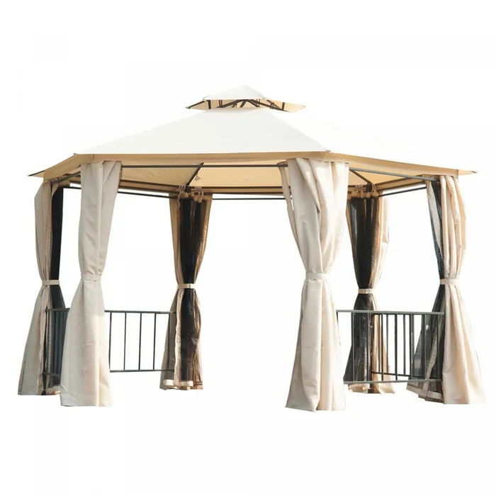 Outsunny 13ft Hexagon Gazebo Outdoor Canopy Shelter With Netting And Shaded Curtains Beige|Outsunny 13 Pieds Gazebo Hexagone Exterieur Auvent Portable Jardin Avec Rideaux Beige