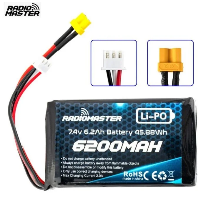 RadioMaster 2S 7.4V 6200mah Li-Ion Battery for Remote Control Transmitter JST-XH and XT30 Plug Large Endurance