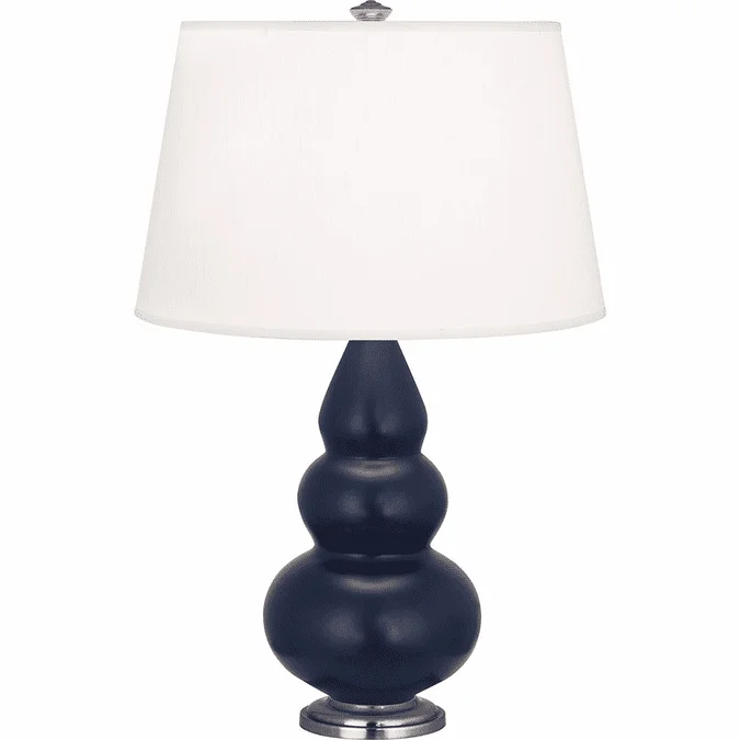 Robert Abbey MMB32 Small Triple Gourd Modern Matte Midnight Blue Glazed Ceramic With Antique Silvered Side Table Lamp